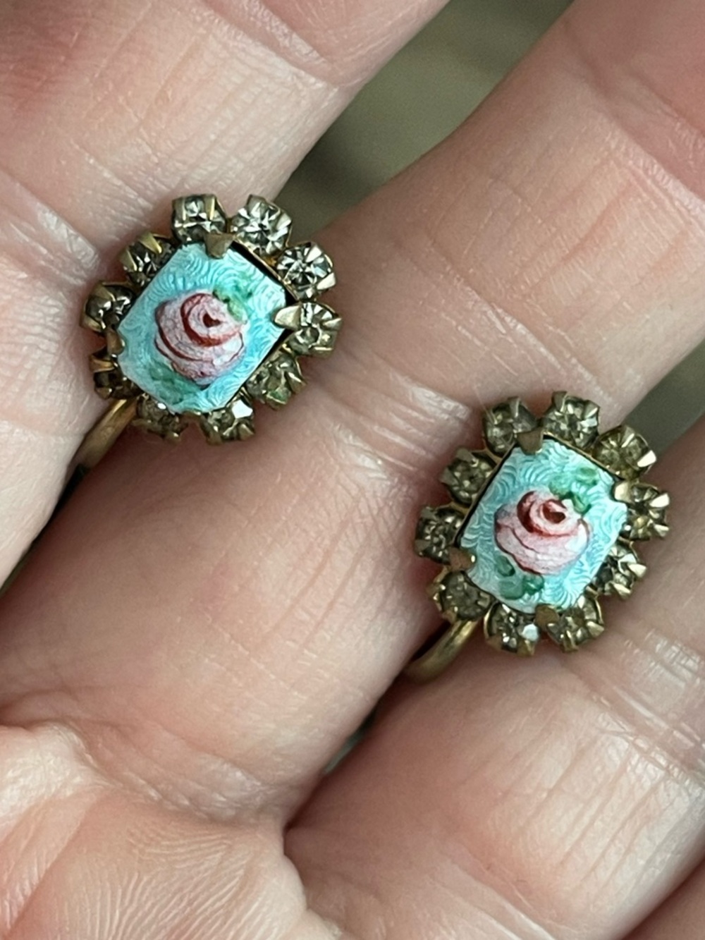 Vintage 1940s Guilloche Enamel Rose Screw Back Earrings Rhinestone Halo Aqua